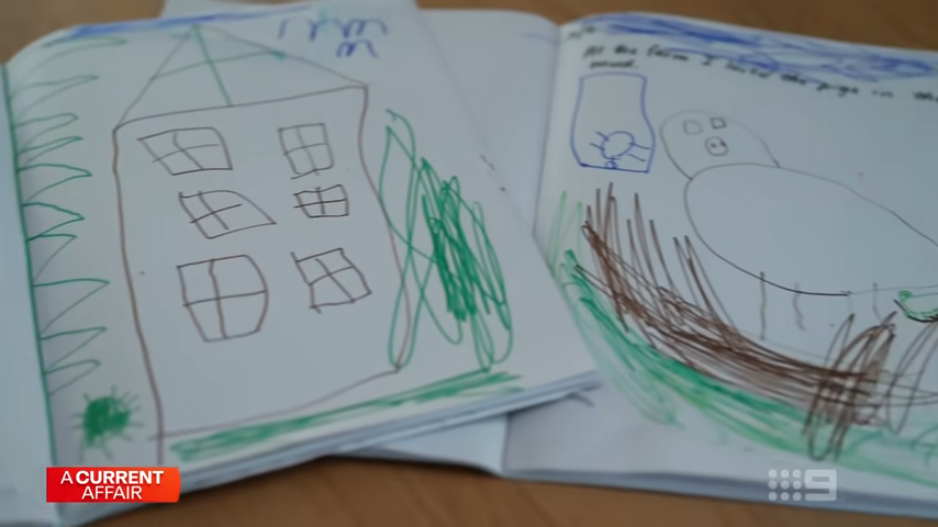 Illustration of children's doodles, including a house and a pig.