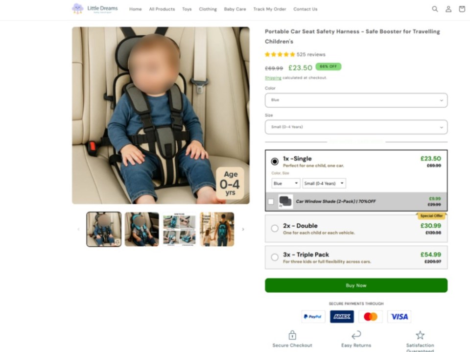 Product page for a portable children's car seat safety harness.