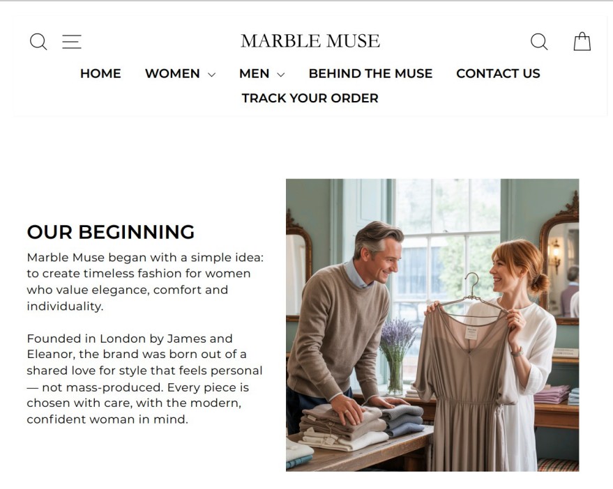 Website for Marble Muse fashion brand with a man and woman in a store.
