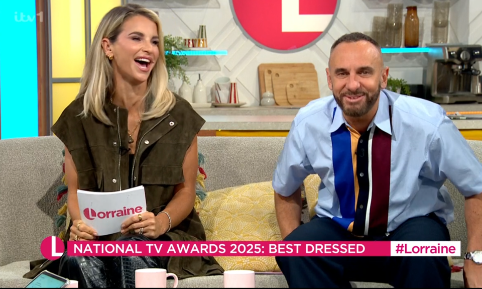 Vogue Williams and a male guest on the Lorraine show discussing the National TV Awards 2025: Best Dressed.