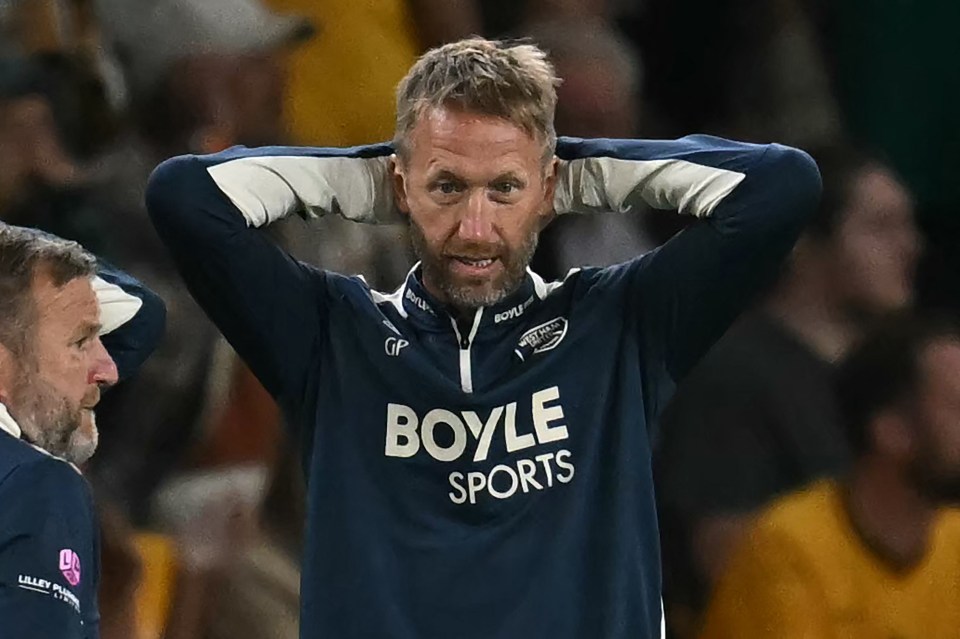 West Ham United head coach Graham Potter gestures on the touchline with his hands behind his head.