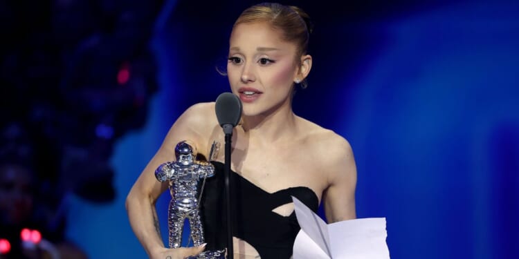Ariana Grande accepts the Best Pop Award during the 2025 MTV Video Music Awards in Elmont, New York, on Sept. 7.