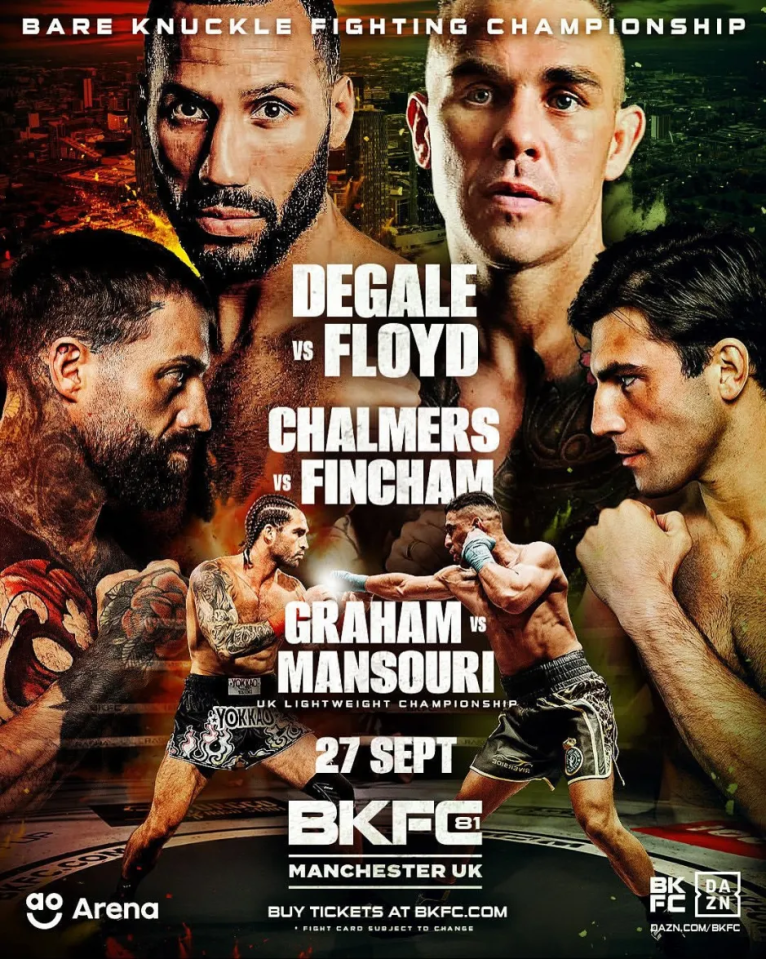 Bare Knuckle Fighting Championship event poster featuring fighters Degale, Floyd, Chalmers, Fincham, Graham, and Mansouri, with fight details.