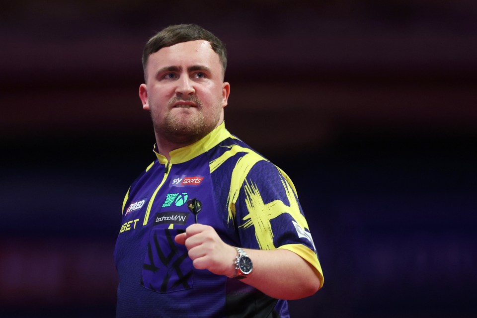 Luke Littler of England celebrates during the Final match of the 2025 Betfred World Matchplay.