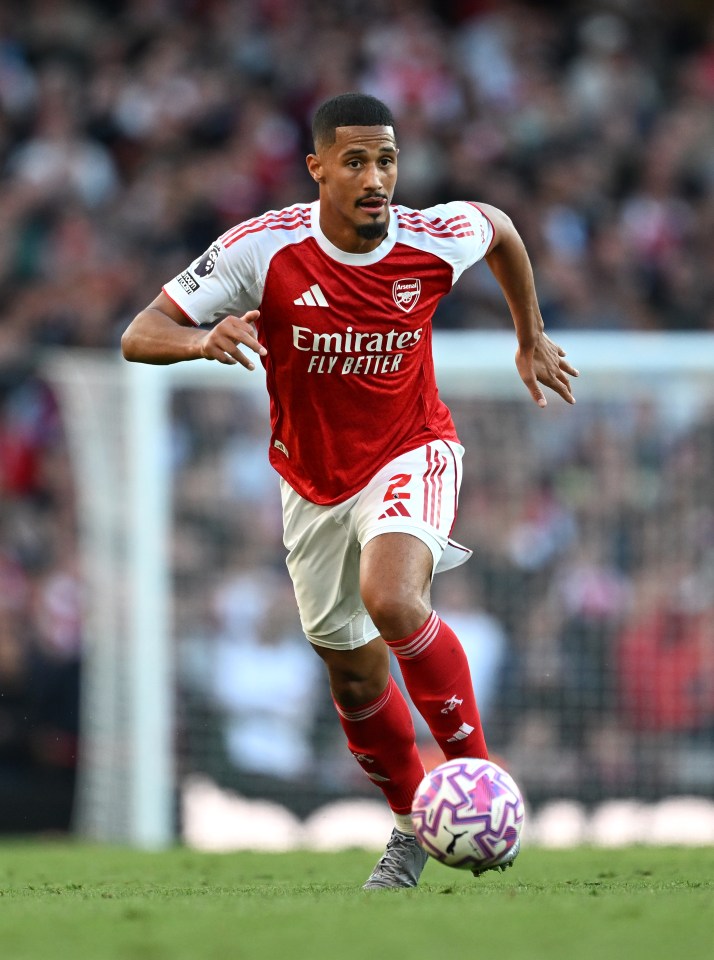 William Saliba of Arsenal runs with the ball.