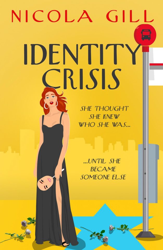 Illustration of a woman holding a mask next to a bus stop, on the cover of the book "Identity Crisis" by Nicola Gill.