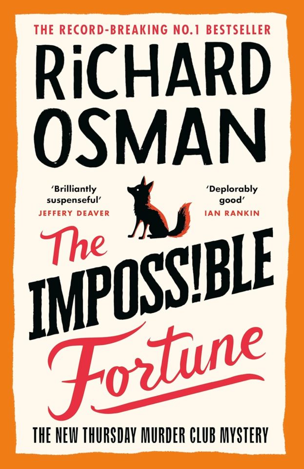 Book cover for "The Impossible Fortune" by Richard Osman, a new Thursday Murder Club mystery, with a black fox illustration.