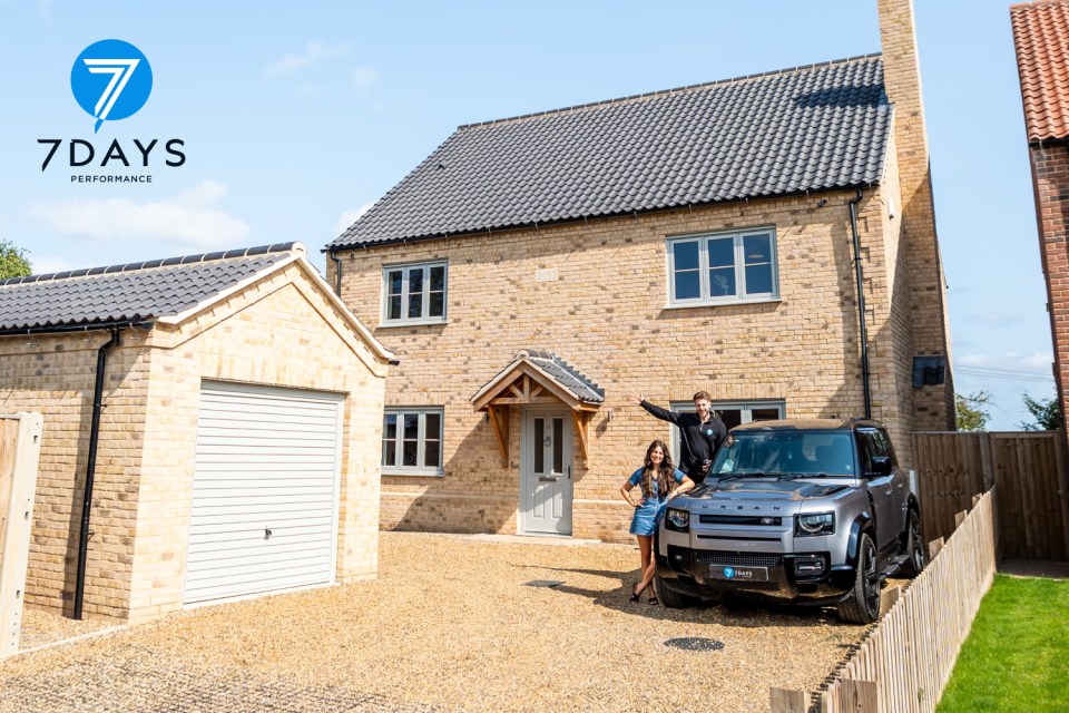 Couple standing in front of their new house and car.