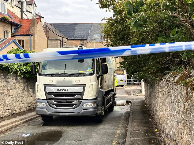 A white DAF truck (above) was seen being held behind a police cordon after the tragic incident