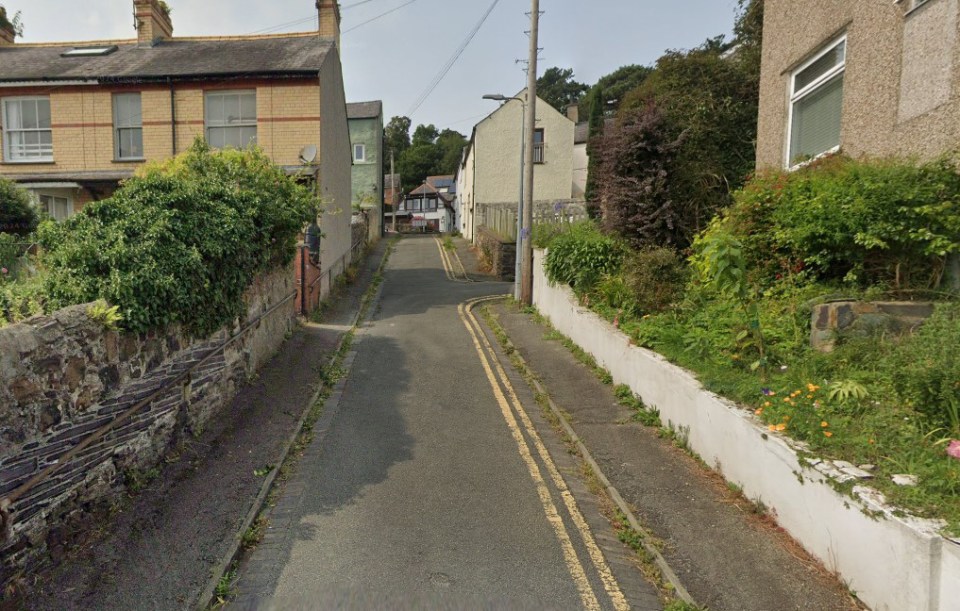 A narrow, sloping street on Garth Hill in Bangor, Gwynedd, lined with houses and lush greenery.