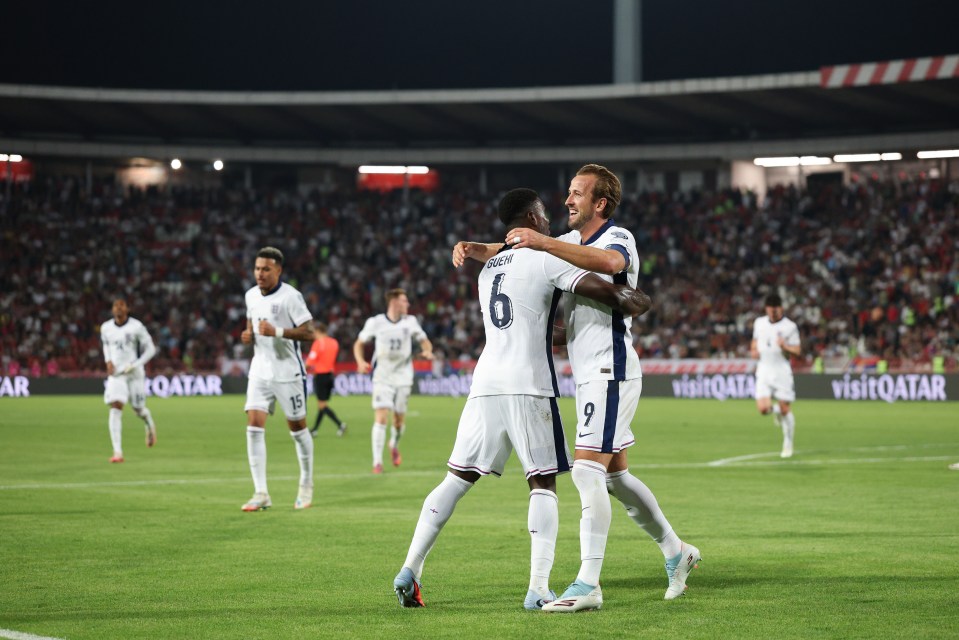 Marc Guehi and Harry Kane celebrating a goal.