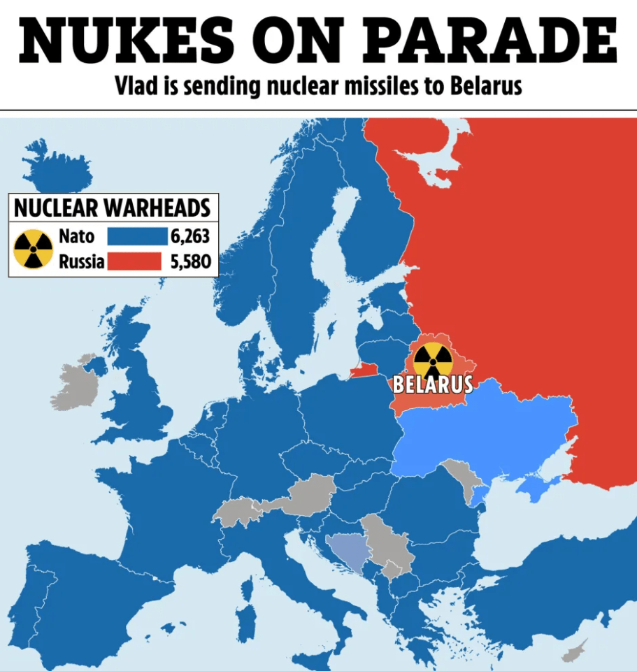 Illustration of a map of Europe highlighting Belarus as a nuclear threat.