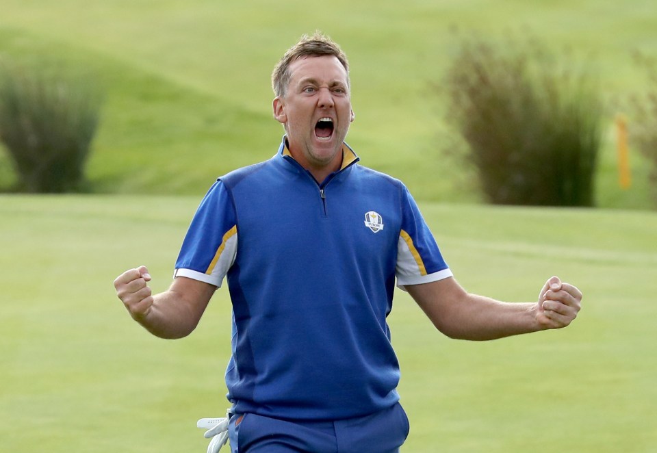 Golfer Ian Poulter celebrating his win at the 2018 Ryder Cup.