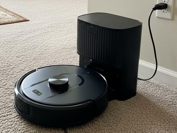 A black robot vacuum next to its self-emptying base station, charging from a wall outlet.