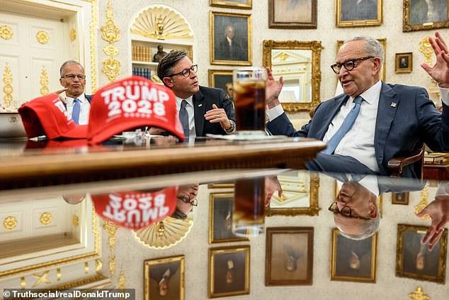 The president continued to troll Senate Minority Leader Chuck Schumer and his House counterpart Hakeem Jeffries All three, plus Speaker of the House Mike Johnson and Senate Majority Leader John Thune, are seen in the pictures Trump posted to Truth Social with no caption