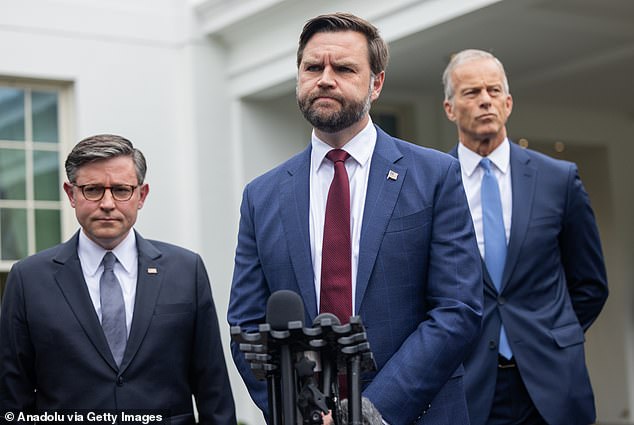 Vice President JD Vance, accompanied by House Speaker Mike Johnson, R-La., Senate Majority Leader John Thune, R-S.D., speak with the press after the Monday White House meeting