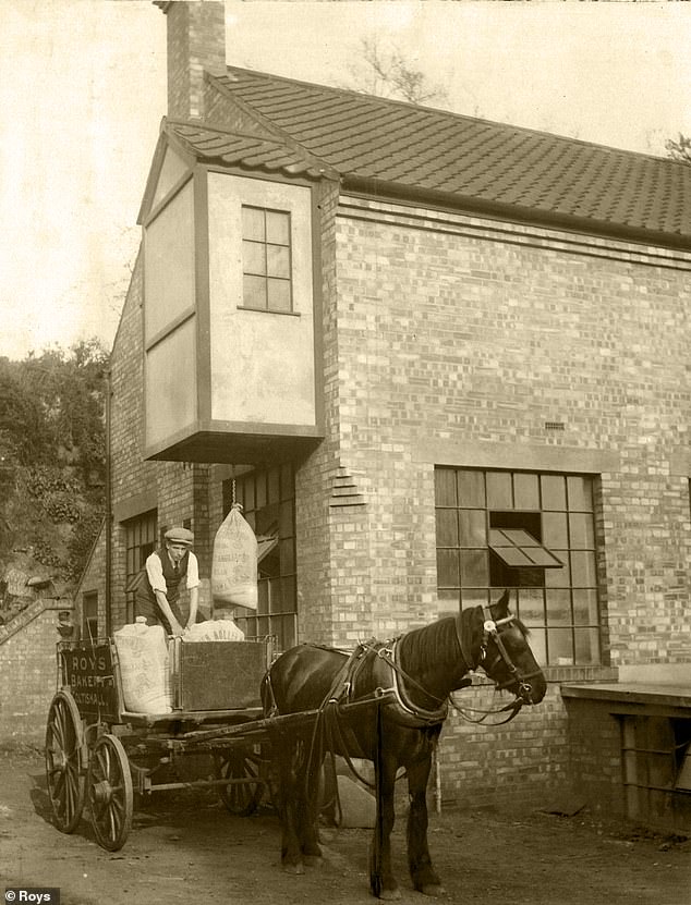 Pictured: A Roys worker delivers flour to the Roys bakery on a horse and cart