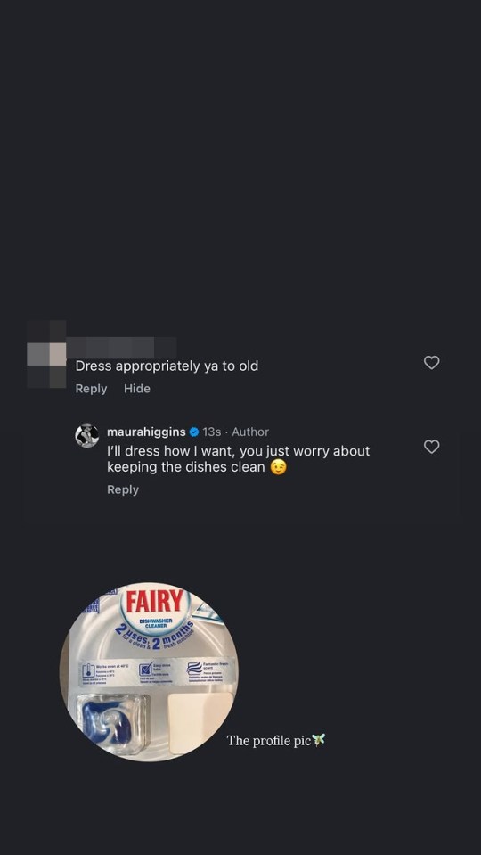 A screenshot of two social media comments and an image of Fairy dishwasher cleaner. The first comment reads: "Dress appropriately ya to old." The second comment, from Maura Higgins, reads: "I'll dress how I want, you just worry about keeping the dishes clean." The image of the dishwasher cleaner is labeled "The profile pic."