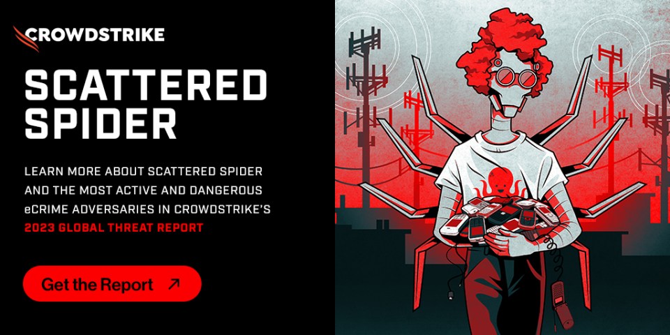 Illustration of a robot character with spider-like arms holding multiple cell phones, advertising CrowdStrike's 2023 Global Threat Report.