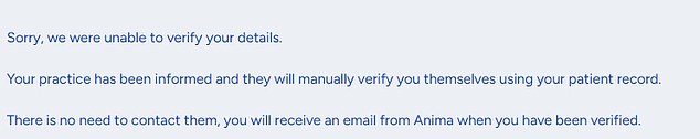 An error message given to one patient today after they tried to register for a digital account with their GP practice on the Anima platform
