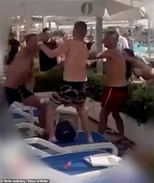 The alarming video of the incident at the Seabank Resort and Spa shows three men shouting and throwing punches at each other as 'terrified' bystanders scream in horror