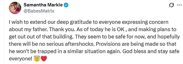 Samantha pointedly did not reveal whether the earthquake had damaged his apartment block, or how it had left him ¿trapped¿