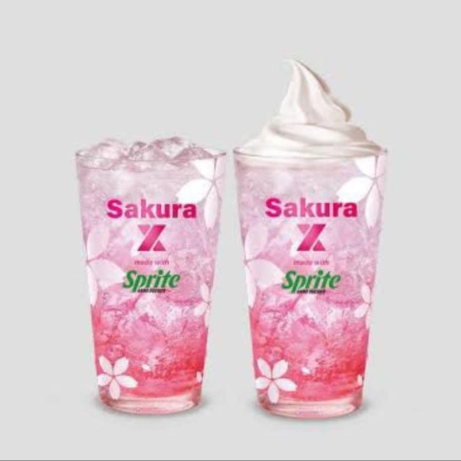 Illustration of two pink Sakura-themed Sprite drinks, one with ice and one with soft-serve ice cream.