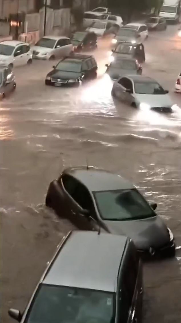 Dramatic footage posted to social media show roads have been turned into raging rivers