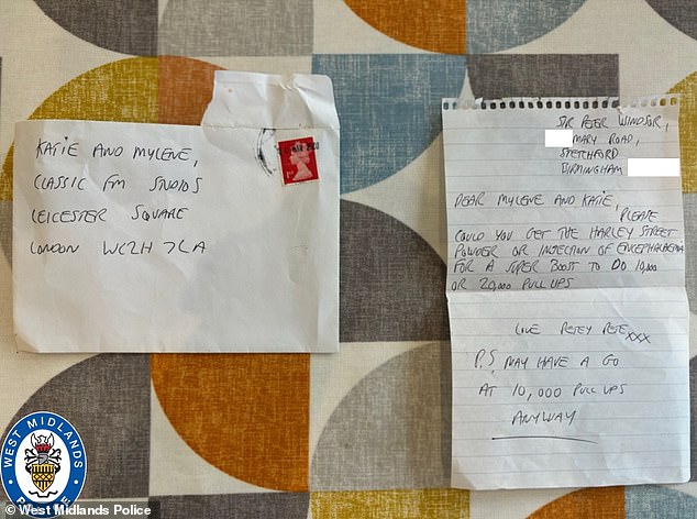 One of the letters sent by Peter Wilson to Myleene Klass and Katie Breathwick