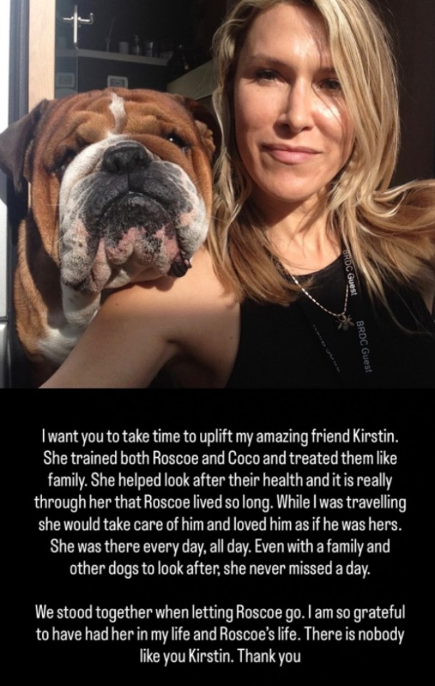A woman and a bulldog dog.