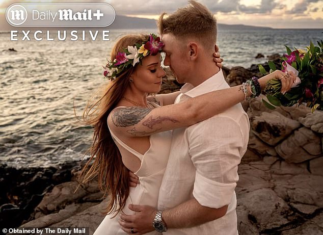 Exclusive photos of the romantic beach ceremony show the pair embracing on the shore, with the picturesque sunset serving as the backdrop