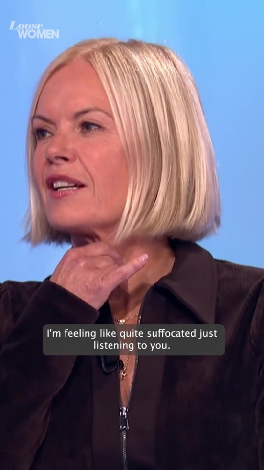 A woman on "Loose Women" making a choking gesture with text that reads: "I'm feeling like quite suffocated just listening to you."