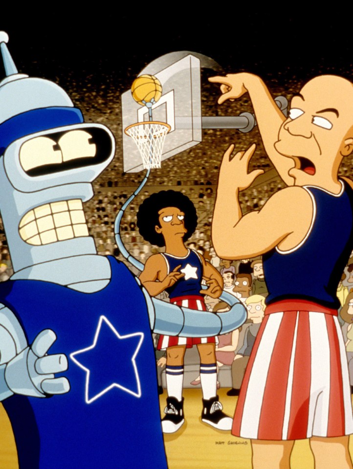 Illustration of Bender, a Harlem Globetrotter, and another character from Futurama on a basketball court.