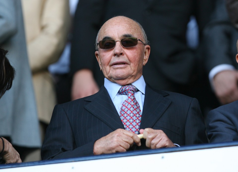 ENIC International Limited owner Joe Lewis wearing sunglasses and a patterned tie, with Tottenham Hotspur Chairman Daniel Levy to his right.