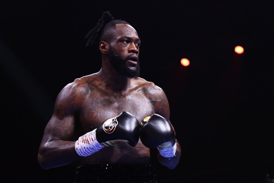 Deontay Wilder looks on during a boxing match.