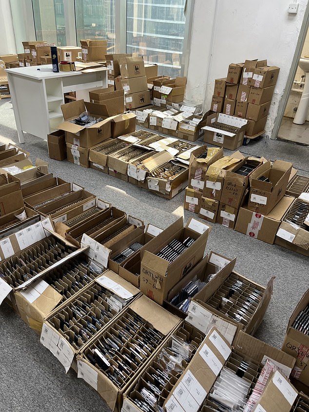 Undercover Mail reporters took the above image of mobile phones from around the world inside the same office block in Hong Kong where Heron and Seagull had allegedly been sending devices stolen on Britain's streets