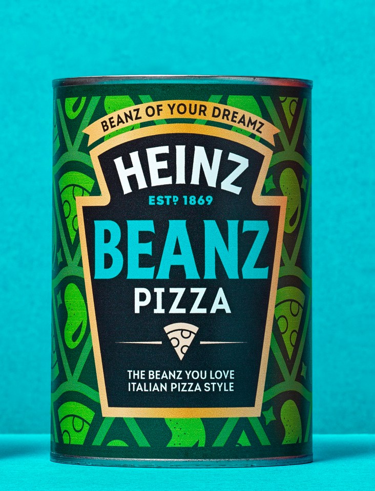 Heinz Beanz Pizza flavored can, with a green, black, and gold label, on a blue background.