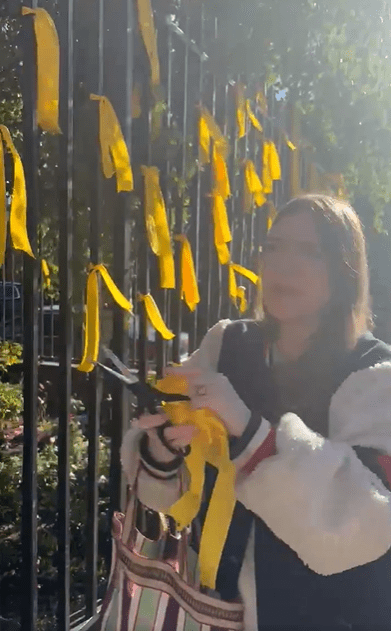 A woman tying a yellow ribbon to a black metal fence, with many other yellow ribbons already tied to the fence.