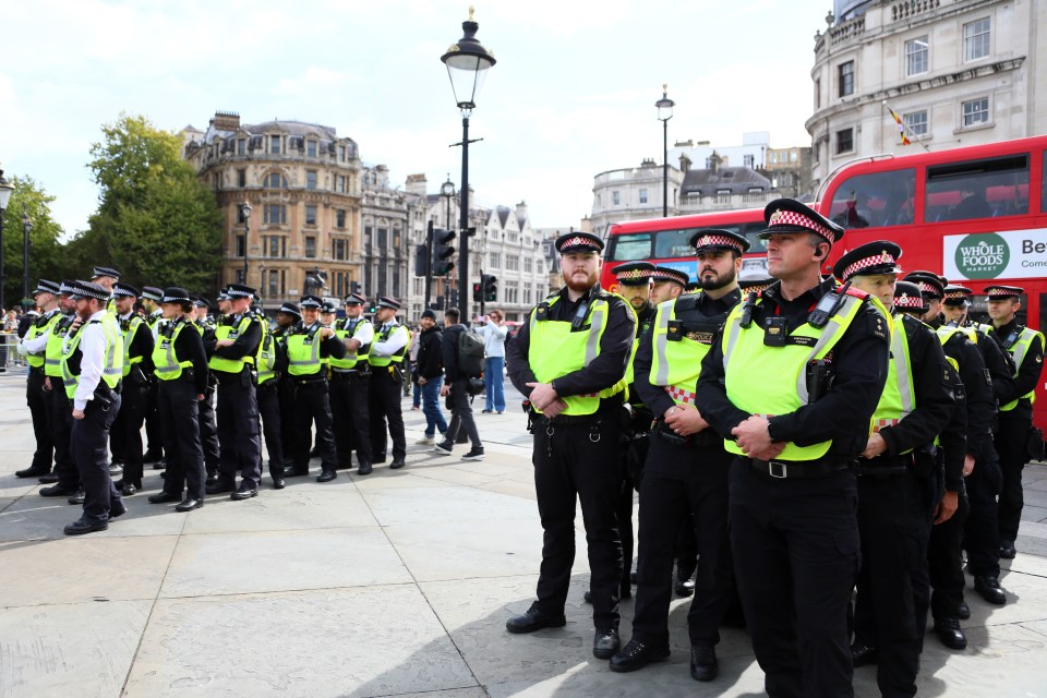 Police officers in uniform standing in Trafalgar Square, London.