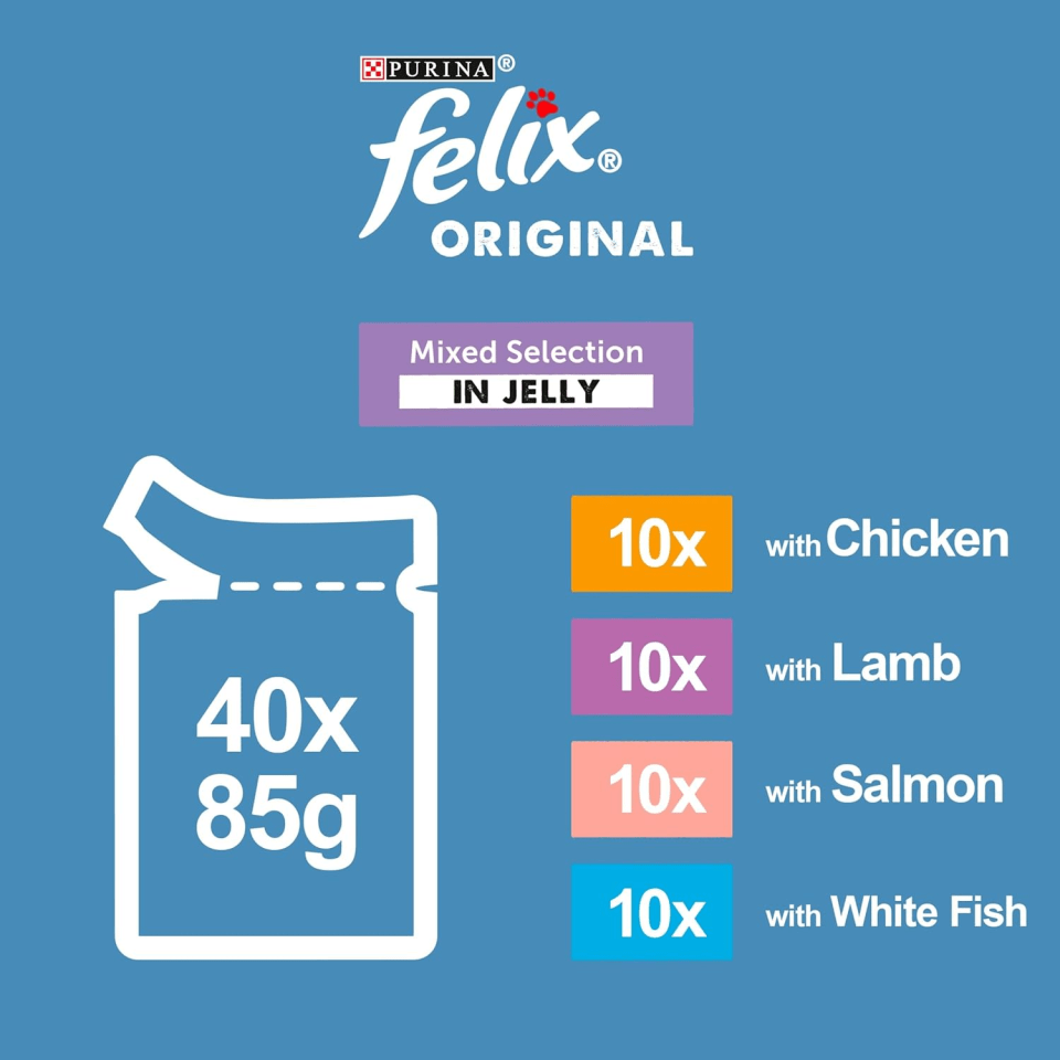 Illustration of Felix Original Mixed Selection in Jelly cat food, 40 pouches of 85g, including 10x with Chicken, 10x with Lamb, 10x with Salmon, and 10x with White Fish.