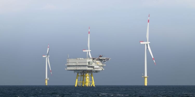The photo presents a wide, horizontal view of the Borkum Riffgrund wind farm, where several wind turbines are erected in the open sea.