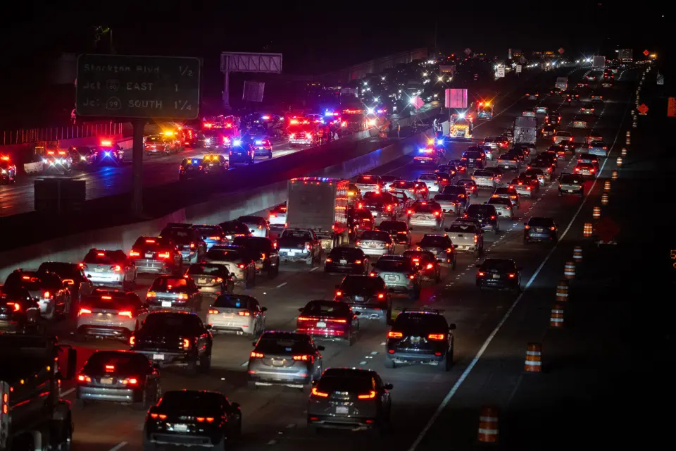 Traffic backed up on Highway 50 in Sacramento after a helicopter crashed.