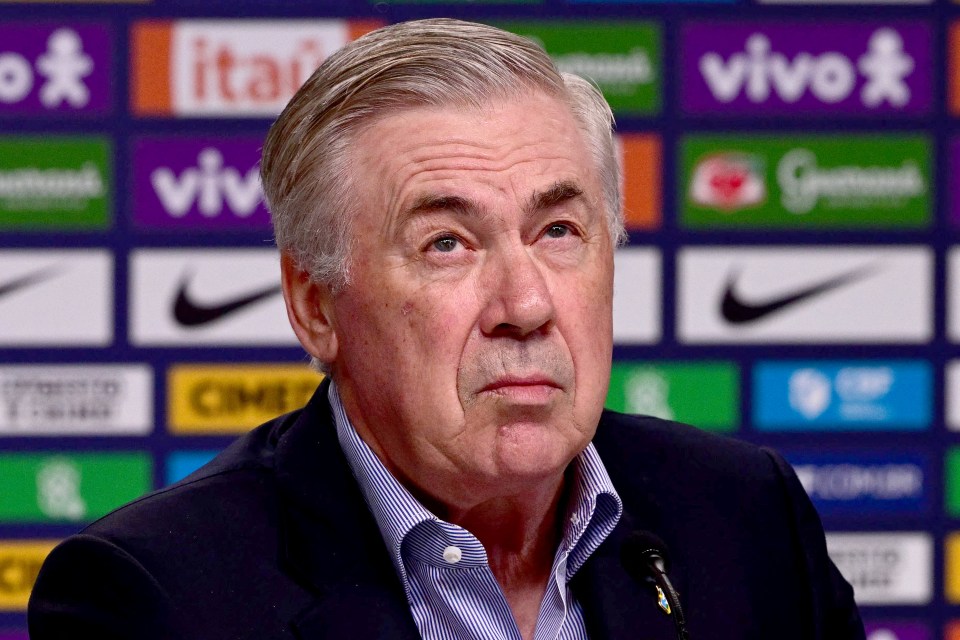 Brazil's Italian head coach Carlo Ancelotti gestures at a press conference.