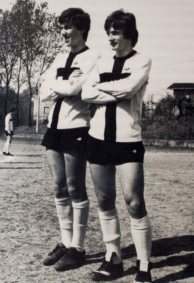 Two young football players, Carlo Ancelotti and Marco Fava, wearing Parma FC jerseys in their early playing days.