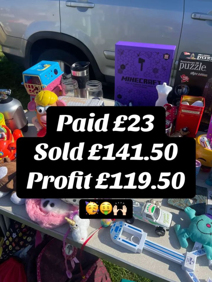 A collection of items displayed on a table with text overlay reading "Paid £23 Sold £141.50 Profit £119.50" with party, money, and raised hands emojis.