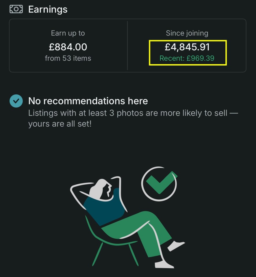 Screenshot of a Vinted "Insights" screen, showing total earnings of £4,845.91, with £969.39 recently earned.