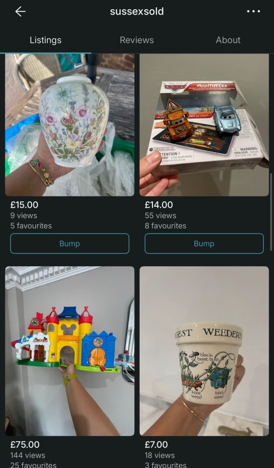 A screenshot of a Vinted account listing four items for sale: a floral vase, two toy cars, a Mickey Mouse-themed toy castle, and a ceramic pot.