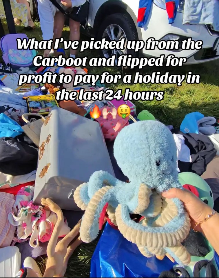 Items including a blue octopus plush toy for sale at a car boot stall.