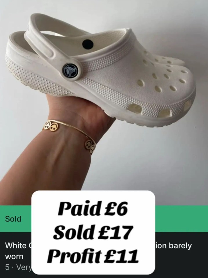 A person holding a white Croc shoe, with text overlay "Paid £6, Sold £17, Profit £11".