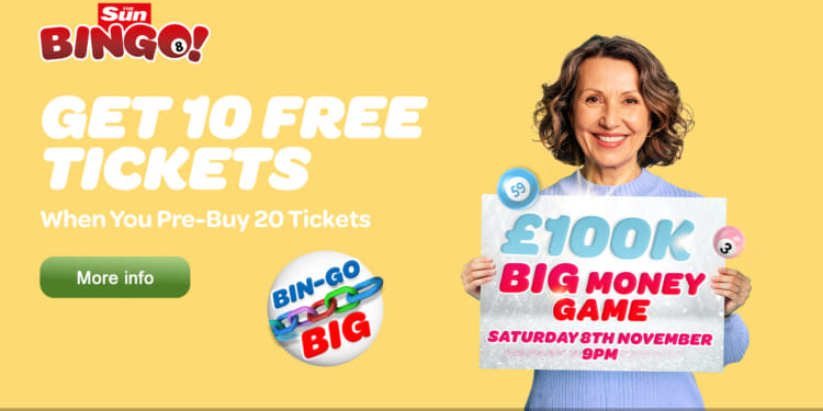 Buy 20 tickets for Sun Bingo's £100,000 game and get 10 free